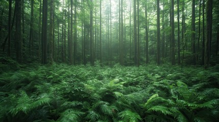 Obraz premium A dense forest scene with tall pine trees and lush ferns covering the ground. Sunlight filters through the canopy, creating a serene and mystical atmosphere.