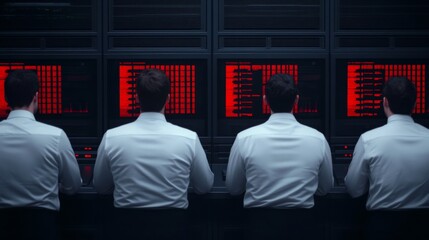 The Red Screen:  A team of four businessmen work in a dark room, their faces illuminated by the red glow of multiple computer screens.  The image exudes a sense of urgency, pressure, and focus.