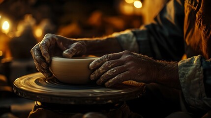 Craftsman Working on Pottery in Rustic Studio, hands, art, ceramics, skill