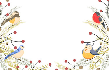 Winter background with birds with branches of fir, pine and berries. Holiday design, post template, social media. Poster, banner with place for text. Vector illustration