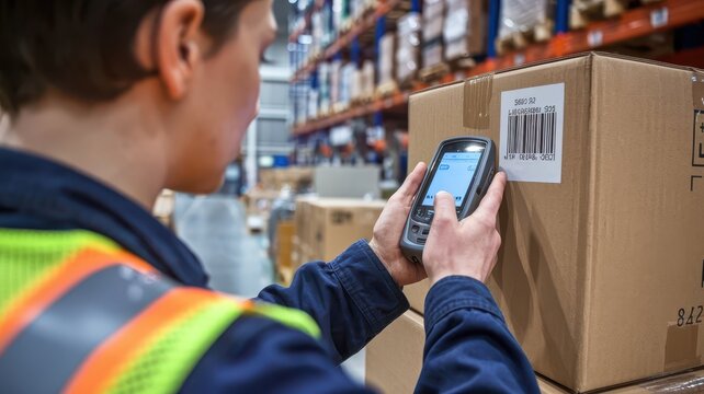 A warehouse employee using a handheld scanner to scan a box's barcode in an industrial storage facility.
