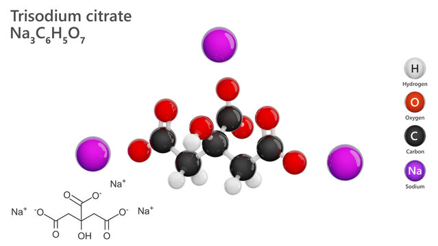 Molecule: Trisodium Citrate. Sodium salt of citric acid. Molecular structure. Formula: C6H5Na3O7. Chemical model: Ball and stick. White background. 3D illustration.