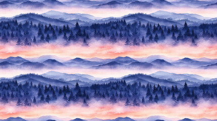 Obraz premium Seamless watercolor pattern depicting a tranquil dawn landscape ideal for fabric design and home decor