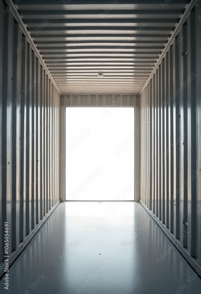 Poster empty shipping container interior with light streaming in from open door, creating sense of openness