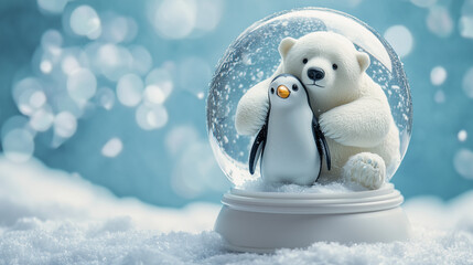 Obraz premium Polar bear with penguin in snow globe 