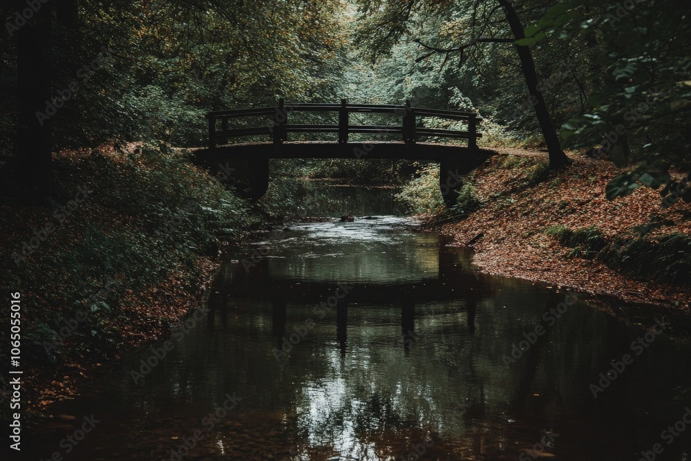 Aufkleber a tranquil scene featuring a serene bridge crossing over a gentle forest stream, surrounded by lush 