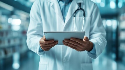 Professional medical setting shows a doctor in a white coat attentively holding a digital tablet, representing modern healthcare and technological integration.