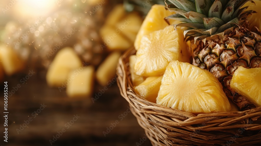 Poster a close-up view of a wicker basket filled with freshly cut pineapple slices, bathed in soft sunlight