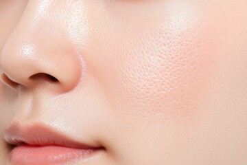 Fototapeta premium A detailed close-up image of facial skin with visible pores and smooth texture, highlighting skincare and skin health.