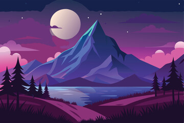 Fototapeta premium Night Landscape With Mountain And Moon Vector Art Illustration 