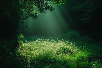 Obraz premium Gentle beams of sunlight cascade through the dense forest canopy, casting an ethereal glow over a lush glade lush with delicate wildflowers, a moment of natural serenity.