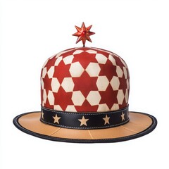 Colorful, patterned hat with star on top, white isolate background