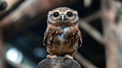 A vigilant owl with stunning large eyes perches calmly on a log, epitomizing tranquility and mystery in this breathtaking wildlife photograph.