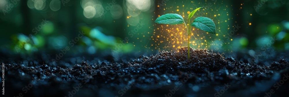 Poster A Single Sprout Emerging from the Soil with Glowing Particles Surrounding It