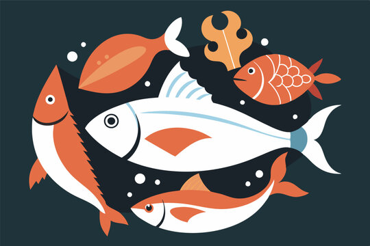 An illustration of stylized fish in various colors and shapes against a black background. Geometric designs emphasize uniqueness and aesthetic qualities, inviting viewers