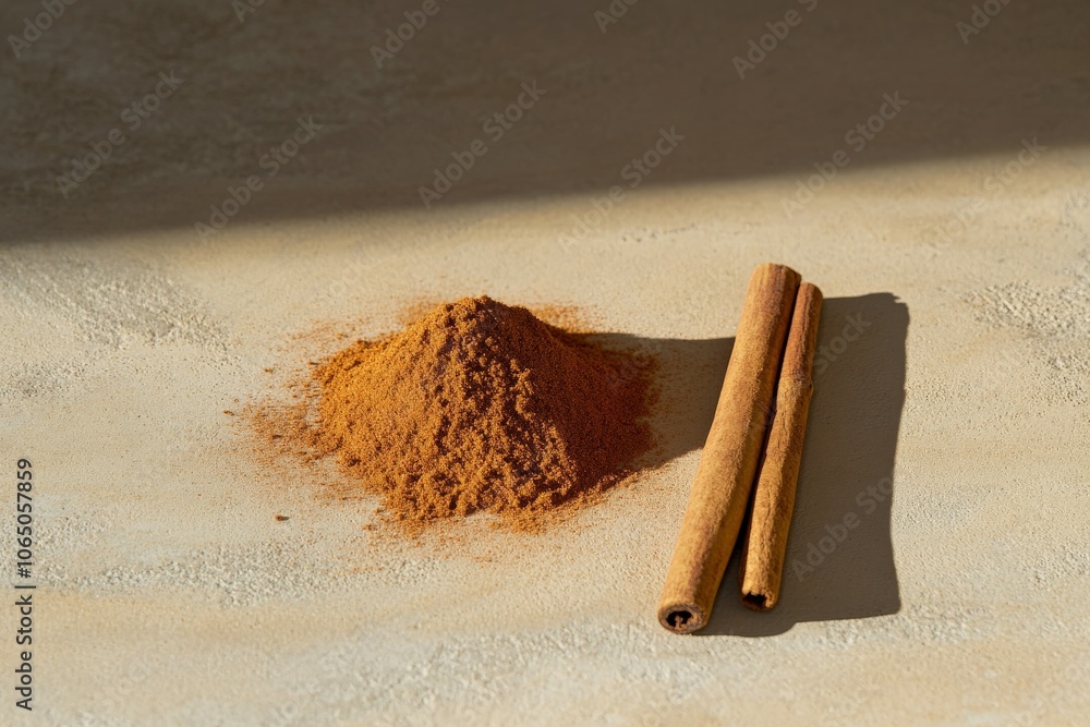 Poster a pile of cinnamon powder alongside two cinnamon sticks lies on a textured surface, with gentle shad