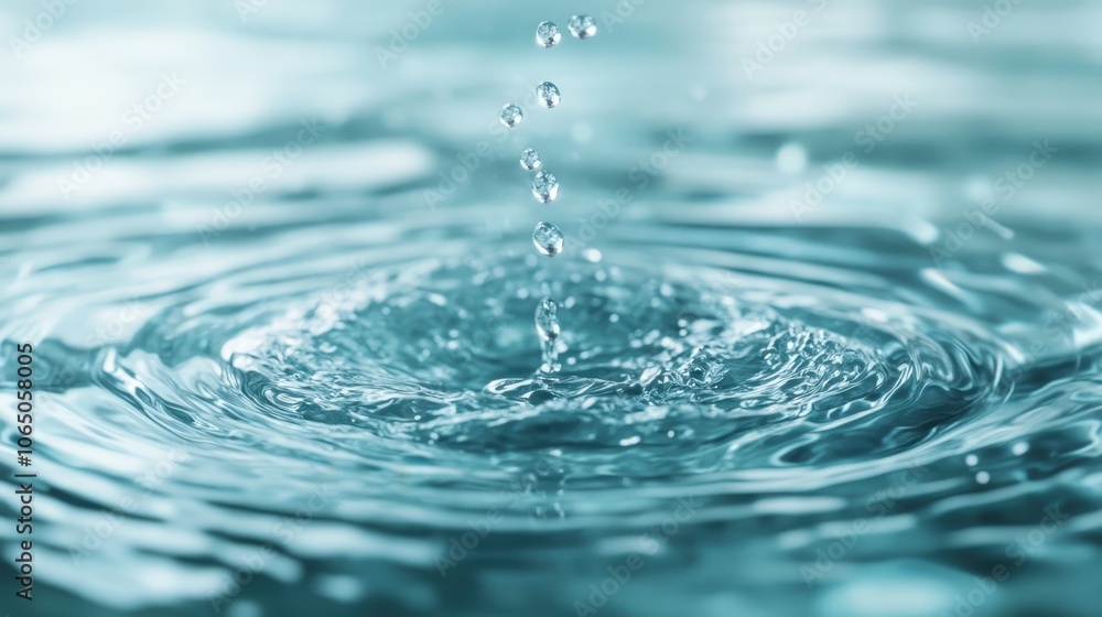 Poster close-up view of water droplets falling onto a surface, crafting intricate and mesmerizing ripple pa