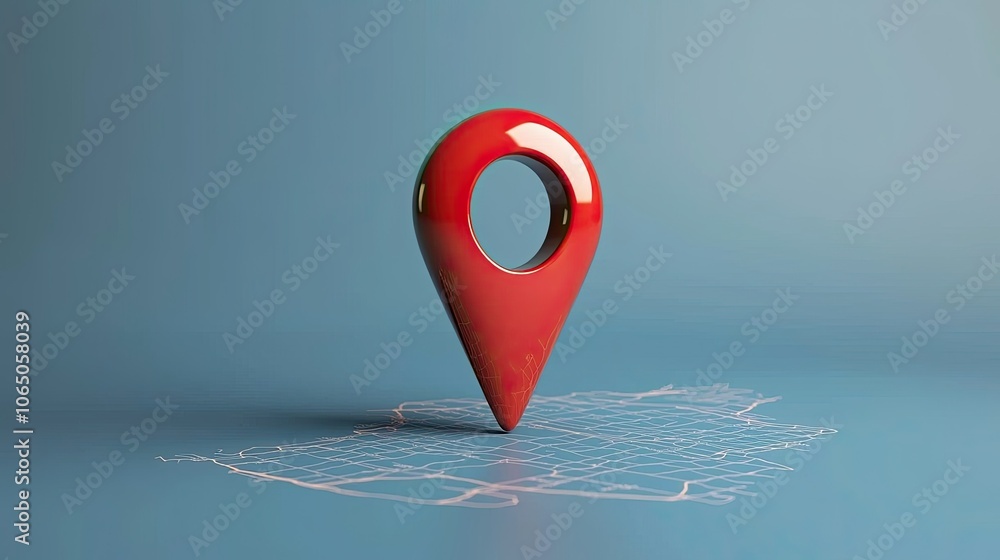Poster 3d red location pin on a blue background, symbolizing navigation and mapping.