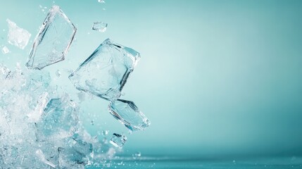 Obraz premium Several ice cubes seem to hover in mid-air with a tantalizing collision, set against a refreshing blue backdrop, evoking sensations of coolness and vitality.