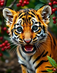 Fototapeta premium A young tiger cub in a natural setting with red berries behind it has vibrant orange and black stripes, large expressive eyes, and an adorable open-mouthed expression.