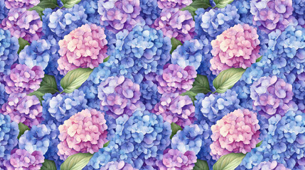 Seamless hydrangea flower pattern illustrated in watercolor and pencil ideal for postcards and feminine fashion design