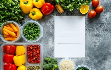 Colorful vegetables and meal prep containers surrounding a blank recipe card on a grey surface, perfect for healthy eating and diet planning concepts