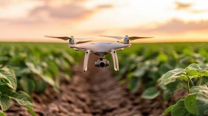 A state-of-the-art drone hovers over a lush crop field, displaying the modern approach to farming with precision and technological advancements under a soft sunset glow.