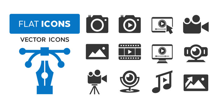 media icons, camera, video vector, coock for media icons etc