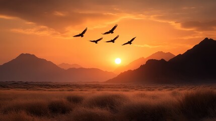 A captivating scene of birds silhouetted against an expansive, vibrant sunset sky, representing freedom, unity, and the beauty of nature's transitions at dusk.