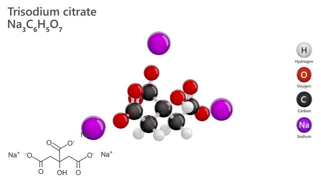 Trisodium Citrate. Sodium salt of citric acid. Animated 3D model of a molecule. Molecular formula: C6H5Na3O7. Chemical model: Ball and stick. White background. 3D rendering. Seamless loop.