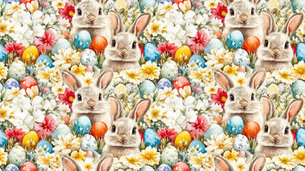 Fototapeta premium Watercolor seamless pattern featuring Easter bunnies surrounded by flowers and colorful eggs ideal for packaging and textile design