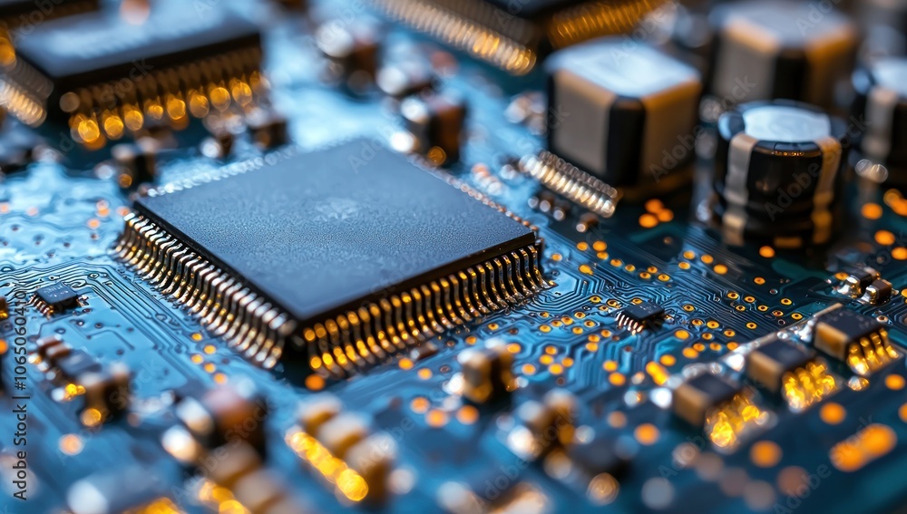 Aufkleber close-up of a microchip and circuit board with golden pins