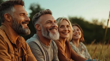 A group of four friends smiling and enjoying each other's company in an open field during a beautiful sunset, capturing a moment of unity and joy.