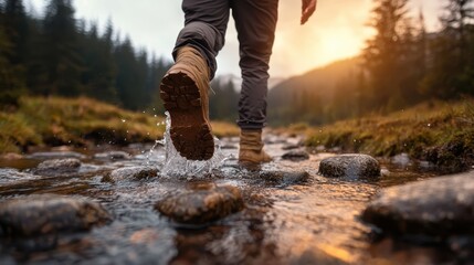 A hiker in boots walks across a rocky stream, splashing water as the sun rises, revealing the beauty of the surrounding forest and mountains in the background.