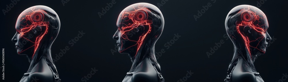 Aufkleber a futuristic depiction of three robotic heads showcasing intricate neural networks illuminated in re