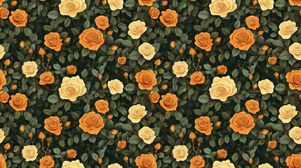 Vintage seamless pattern featuring hand drawn rose flowers and green leaves in warm brown green and orange hues ideal for textile or wallpaper design