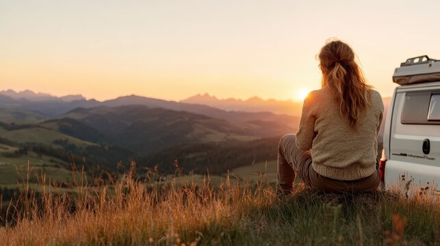 A person sits contemplatively on a hilltop, watching the sunset with a stunning view of rolling landscapes, beside a camper van, evoking freedom and adventure.