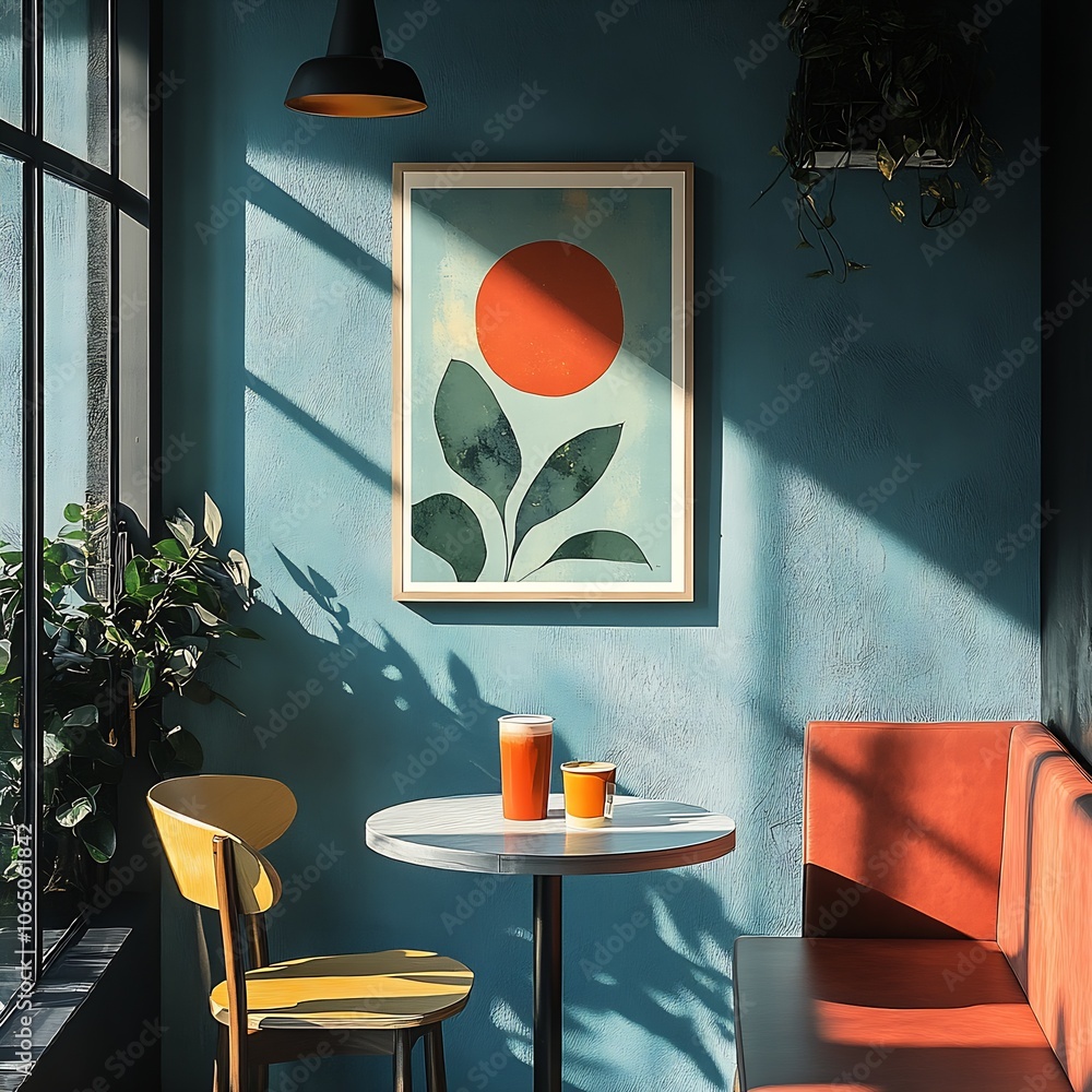 Poster sunlit cafe corner with artistic deco and refreshing beverage aesthetic : generative ai