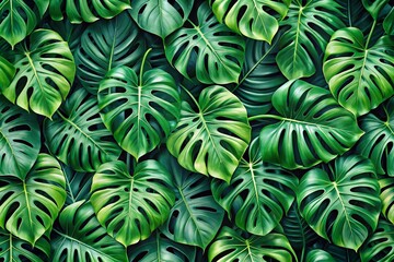 Abstract Seamless Green Floral Pattern of Monstera Leaves, Tropical Nature Aesthetic, Botanical Design, Lush Foliage Art, Wallpaper Background, Interior Decor, Nature-Inspired Art