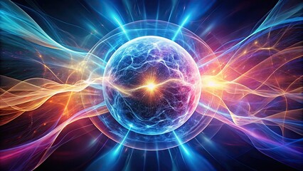 Obraz premium Abstract futuristic background with glowing sphere core atom energy ball circle made of energy waves and plasma light