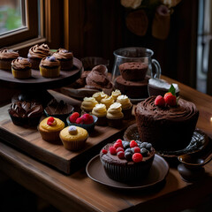 Various desserts on a wooden table