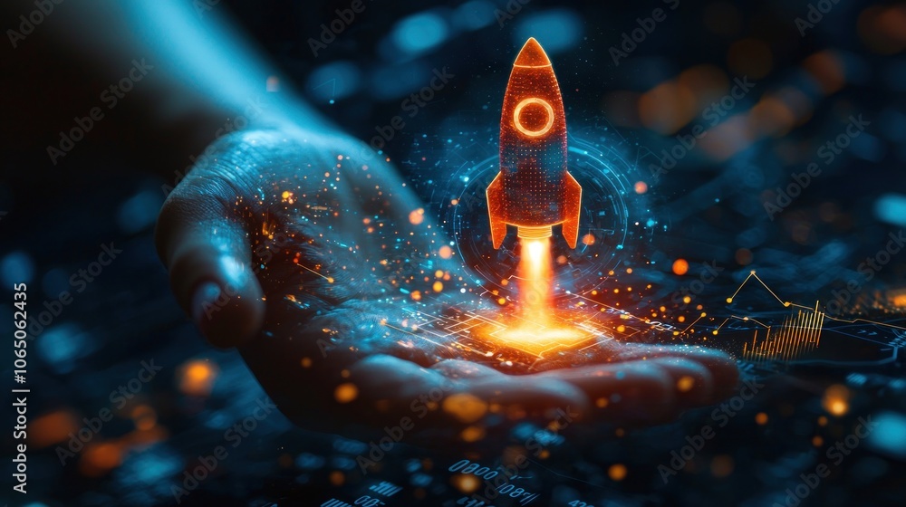 Aufkleber hand holding a glowing rocket with a blurred background of data and lights