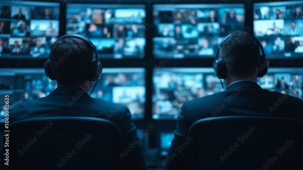 Poster cybersecurity experts monitoring: two security professionals intently monitor multiple screens, show