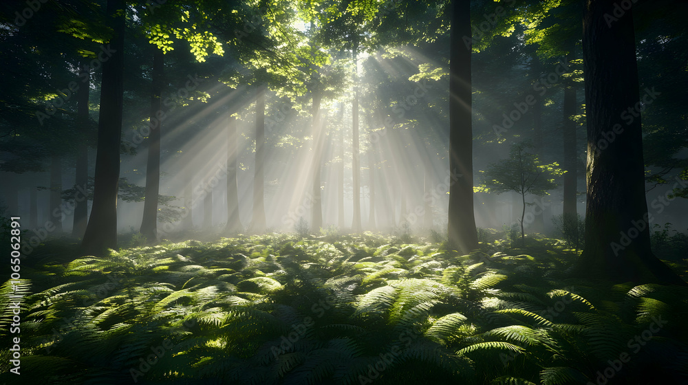 Poster sunlight rays penetrate through the dense canopy of trees in a misty forest, illuminating the fern-c