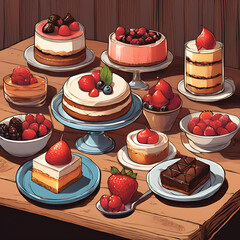 Various desserts on a wooden table