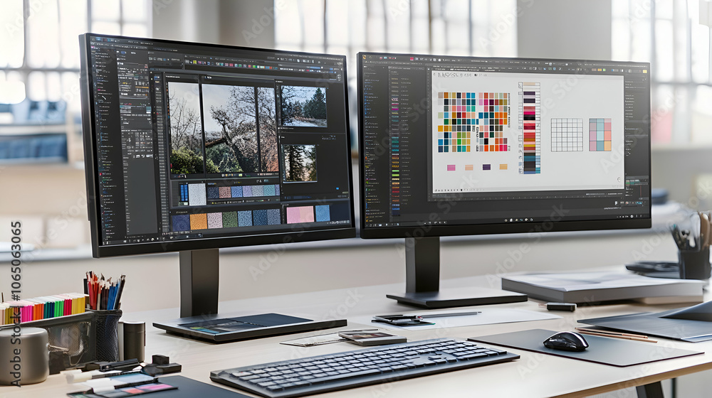 Poster two monitors displaying graphic design software on a modern desk with a keyboard, mouse, and office 