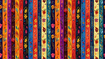 Seamless hand painted ethnic pattern featuring vertical stripes with paisley and floral motifs perfect for textile design