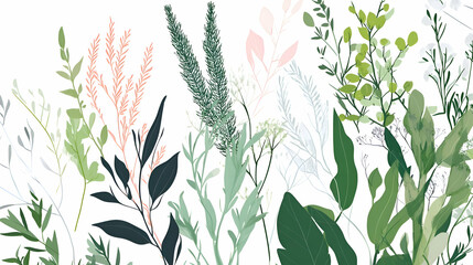 Watercolor illustration of various green leaves and branches on white background.