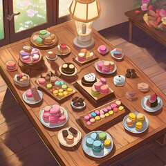 Various desserts on a wooden table