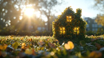 Obraz premium A House Shaped from Green Leaves and Sunlight, Sitting Amidst Golden Autumn Foliage